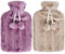 2 x Hot Water Bottles - Luxury Cosy Faux Fur Fleece Cover with Pom Poms - Natural Rubber 2 Litre Capacity - (Mink and Purple)
