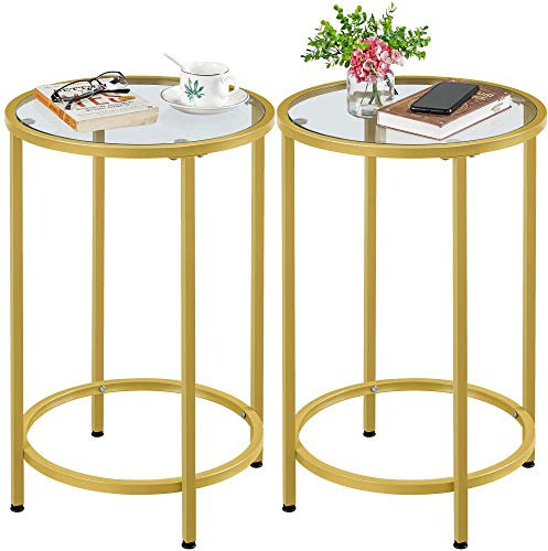 Yaheetech Lot de 2 Table d’Appoint, Bout de Canapé Ronde en Verre trempé, Cadre en métal, Table Console, Table de Chevet pour Salon Balcon Chambre Diamètre 40,5 cm Doré