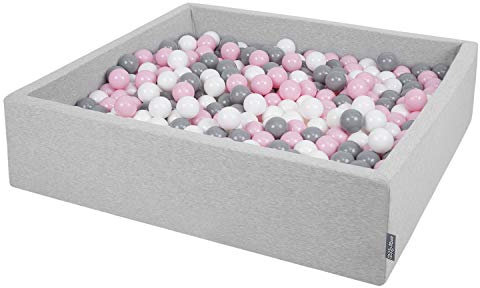 KiddyMoon Piscine À Balles pour Bébé Carré 120X30cm/300 Balles 7Cm Grande Fosses À Boules Jouet Enfant, Gris Clair:Blanc-Gris-Rose Poudré