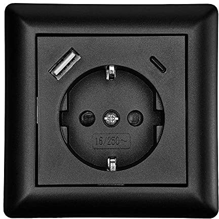 Schutzkontakt-Steckdose mit 2 x USB-Anschluss Typ A + C 3,5A Schwarz Schuko Steckdose Unterputz Wandsteckdose Ladegerät