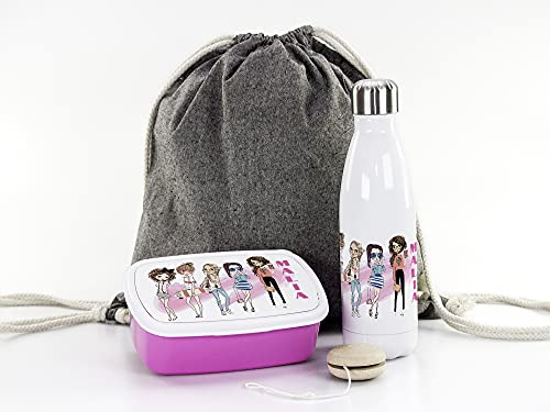 GRAZDesign Brotdose und Trinkflasche Set für Mädchen mit Namen | personalisierte Brotdose mit Trennwand Trinkflasche 500ml aus Edelstahl | Geschenk zur Einschulung, Kindergarten Start