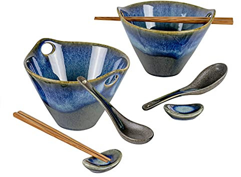 UNICASA Cuencos Ramen, Set 2 Cuencos Cerámica Sopa 600 ml, Tazones de Sopa de Fideos de Ramen Retro Con Palillos y Cucharas, Apto para Microondas, Ensalada de Frutas - Azul Gris