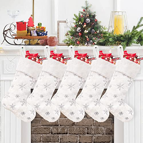 Duosheng & Elegant Weihnachtsstrumpf mit Christmas Stockings Fur Schneeflocke Sequin Weihnachten Deko Geschenkebeutel Weihnachtskamin Hängende Nikolausstrumpf Weiß 5 Stück