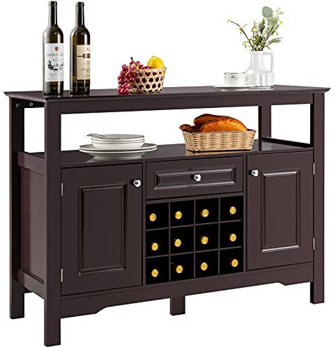 COSTWAY Buffet Cuisine avec Casier à Vin Amovible pour 12 Bouteilles, 2 Etagèress, 1 Tiroir, 2 Placards, Armoire de Cuisine Porte-Bouteille pour Salle à Manger, Salon, 117x40,5x82,5cm(café)