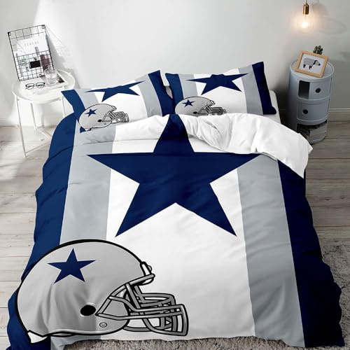 VIVIHOME 3PCS American Football Bedding Set, Sports Duvet Cover Queen, Grey White Navy Blue Striped Comforter Cover, Modern Apartment Bedroom Decor for Men Husband Boyfriend Teen Boys, 2 Pillow Shams
