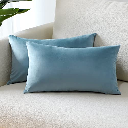 Sungeek 2er Set Samt Kissenbezüge, Dekorativ Zierkissenbezüge Weich Kissenbezug Dekokissen Sofakissen Couchkissen Deko Bezug Kissenhülle für Sofa Schlafzimmer Wohnzimmer (30x50 cm, Hellblau)