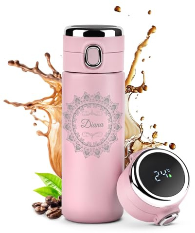 Maverton Thermobecher Kaffeebecher mit Gravur 400 ml, Trinkflasche Rosa | Mit LED-Temperaturanzeige, auslaufsicher 100% dicht, für Frauen zum Geburtstag, rosa, Weihnachtsgeschenke, Ornament