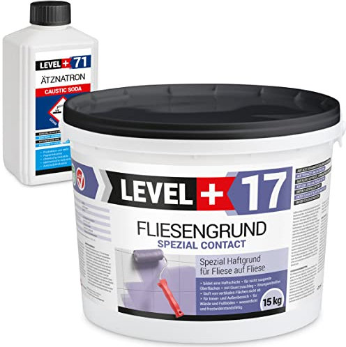 LEVEL+ Fliesengrund 15kg Fliese auf Fliese Spezial-Haftgrund Quarzgrund Spezial Contact + Enfetter Reiniger Ätznatron 1kg Set RM17