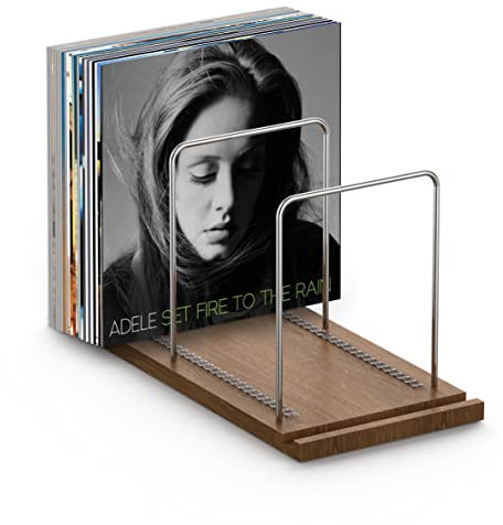 KORRTFID Vinyl Record Stand, Record Collection Holder, Solid Walnut Record Organizer with Now Playing Record Stand, Vinyl Holder for Record Display, Storage Over 70 Albums with Anti-scratch Pads