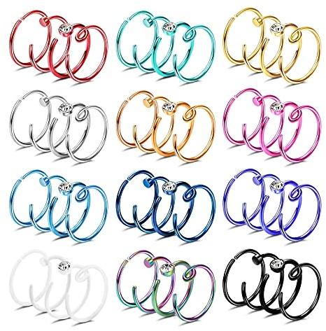 Sllaiss 48 Stück 20 g Edelstahl-Nasenreifenring Einfacher CZ runder C-förmiger offener Nasenring gemischte Farbe 8 mm 10 mm Nasenring für Frauen Männer set (rainbow 8mm)