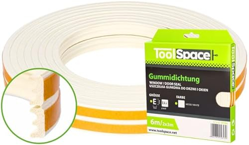 ToolSpace | Nastro sigillante autoadesivo per porte e finestre | 6m | Profilo E Bianco | Guarnizione per porte | Guarnizione per finestre | Nastro sigillante anticollisione | Guarnizione in gomma