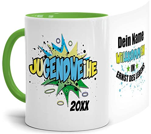 Tassendruck Personalisierte Jugendweihe-Tasse mit Jahr und Name - Grafitti - Jugendweihe Geschenk mit Name personalisiert, Namenstassen | 300 ml, Innen & Henkel Hellgrün