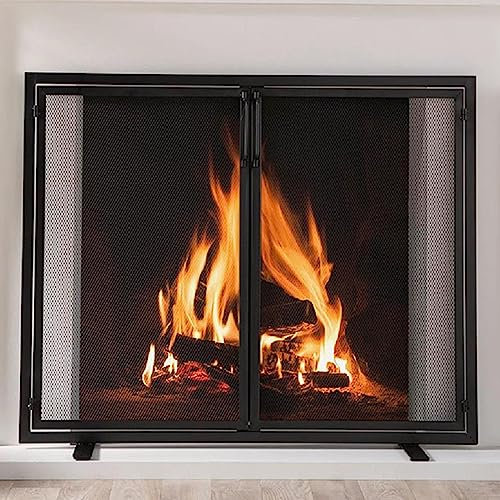 GTPBAO Salvachispas Chimenea Pantalla De Protección contra Incendios Negra con Puertas Magnéticas, Puerta De Pie De Chimenea Contemporánea para Quemador De Leña, 98×78cm