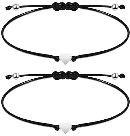 Pulsera Tobillera Trenzada a Mano con Corazón de Plata - 2PCS, Mujer, Ajustable 24cm, Cuerda Negra. ¡Lleva tu amor en el tobillo con SJBAUTYO!