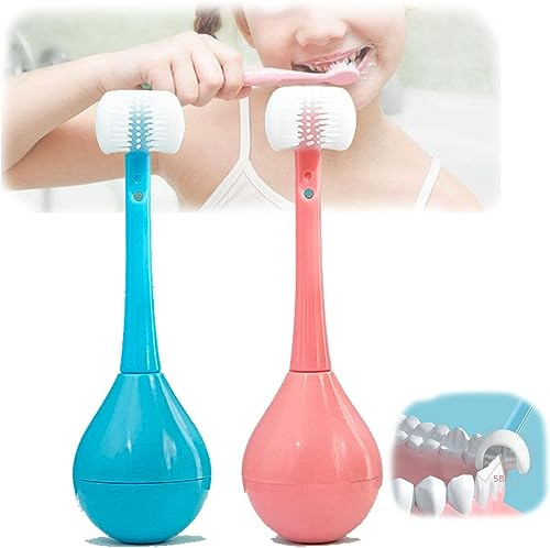 Kinder Tumbler Dreiseitige Zahnbürste, Dreiseitige Zahnbürste für Kinder, Rundum Zahnumarmung Zahnbürste, 3-seitige weiche Silikon-Reinigungszahnbürste (blau+pink)