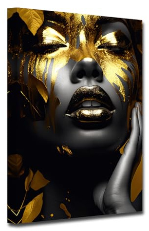 CXHOSTENT Afrikanische amerikanische Leinwand Wandbilder schwarze und goldene Frauen Porträtbilder afrikanische schwarze Kunst Wanddekoration (A, 30.00 x 45.00 cms)