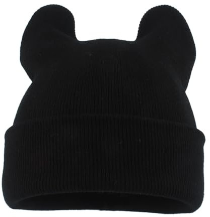 Winter Mütze mit Ohren Damen Gestrickte Wintermütze Warm Niedliche Katzenohren Strickmütze Skifahren Wollmütze Outdoor Beanie Mützen Schwarz