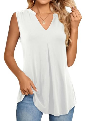 Beluring Camiseta de manga larga para mujer, elegante, cuello de pico, plisado, monocolor, Estilo: Blanco, XL