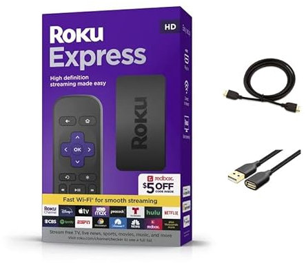 Roku Express HD-Streaming-Gerät, mit High-Speed-HDMI-Kabel und einfacher Fernbedienung (keine TV-Steuerung), geführter Einrichtung und schnellem WLAN, mit MTC-HDMI-Kabel und USB-Verlängerungskabel