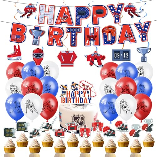 Hockey-Geburtstagsparty-Dekorationen, Eishockey-Partyzubehör, inklusive Geburtstagsbanner, hängende Wirbel, Kuchendekoration, Cupcake-Topper und Luftballons für Kinder, Hockey-Sport-Motto-Party