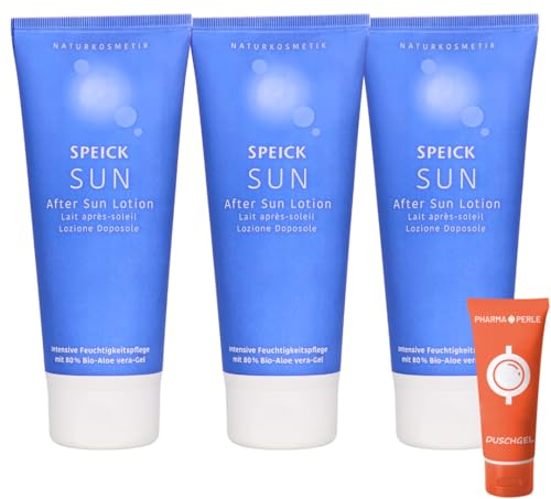 Speick Sun After Sun Lotion, 3x 200 ml I Intensive Feuchtigkeitspflege mit 80% Bio-Aloe Vera-Gel I Für sonnenstrapazierte Haut I Kühlt und beruhigt I Spar-Set plus Pharma Perle give-away