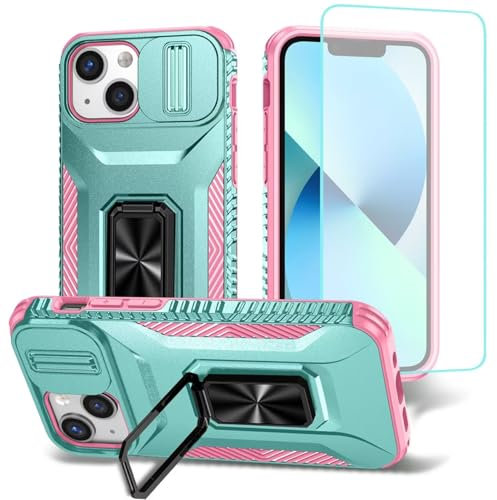 Wanyuexes Coque pour iPhone 12 Mini, étui pour iPhone 13 Mini avec Verre Trempé, Cache Caméra Coulissant et Anneau Rotatif pour Support Voiture Cover pour iPhone 12 Mini PC Vert