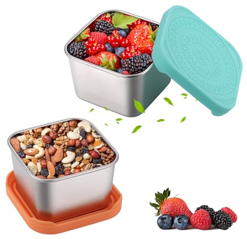 Fentar 2Pcs Stainless Steel Food Containers with Lids, 200ml Snack Pots, Small Snack Boxes for Kids Travel, Reusable Cute Food Storage Containers for Lunch Salad Dressing