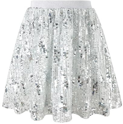 Rolanko Mädchen Pailletten Rock Elastischer Bund Funkelnde Glitzer Plissee Skorts mit Futter für Kinder Tanz Prinzessinnen Geburtstagsparty, Silber, 8-9 Jahre/140