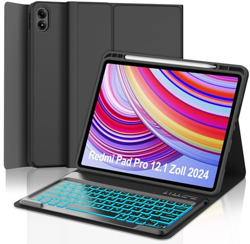 IVEOPPE Hülle Tastatur für Redmi Pad Pro 12.1, Tastatur für Xiaomi Poco Pad 2024, 7-Farbige Beleuchtung, Bluetooth Magnetisch Keyboard für Redmi pad Pro/Xiaomi Poco pad 12.1 Zoll, Nero