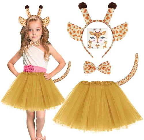 ACWOO Ensemble de Costumes Girafe Enfant, Déguisement Animaux, Bandeau, Queue, Tatouage Autocollants, Nœud Papillon, Jupe Tutu, Halloween Cosplay