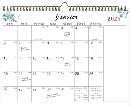 Calendrier 2025 Mural - Calendrier Familial 2025 Français au format - 40 * 30CM - Organisateur Familial Planificateur Mural Calendrier Janv.2025 - Dec. 2025 - Grand Calendrier de Bureau mensuel 2025