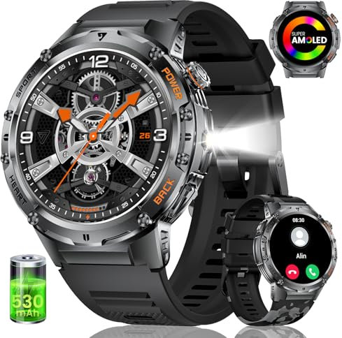 Montre Connectée Homme avec Lampe de Poche,1,43'' AMOLED Fitness Tracker avec avec Appel Bluetooth pour Android iOS Sommeil/Fréquence Cardiaque,Podomètre,5ATM étanche Smartwatch Homme 2 Bracelets