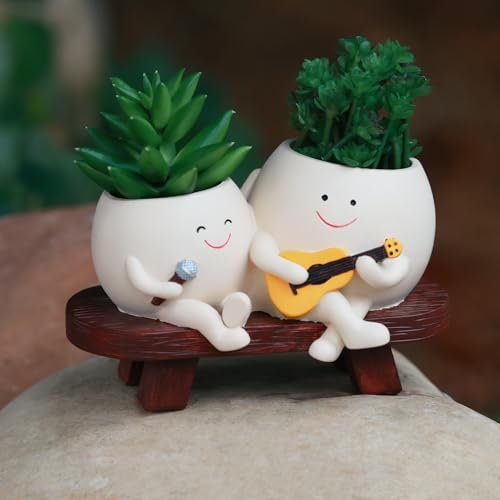 yiilead Pot de fleurs avec double joueur, pot de fleurs unique pour plantes grasses avec trou de drainage, pot de fleurs en céramique pour l'extérieur et l'intérieur pour la décoration de jardin