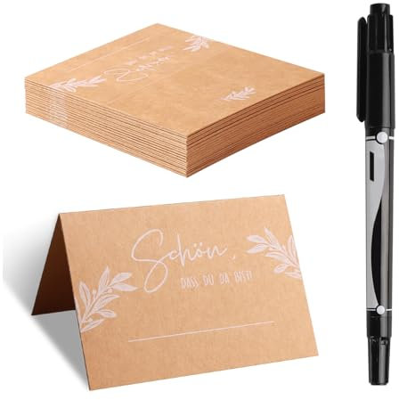 50 Stück Hochzeit Tischkarten Schön, Partycards Tischkarten Geburtstag, Platzkarten für Kommunion Konfirmation Sitzplatzkarten Blanko mit Markierungsstift, Namensschilder Hochzeit für Dekorationen