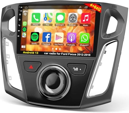 4G+64G Car Radio for Ford Focus 2012-2018 with Carplay Android Car Stereo, 9 Inch Touch Screen Car Stereo with GPS Navigation Bluetooth FM HiFi WiFi Android Auto + AHD Backup Camera