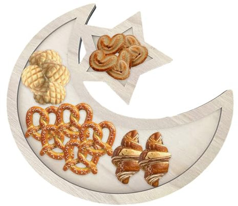 Eid Mubarak Tablett, Holz Stern Mond Ramadan Serviertablett, Eid Mubarak Tischdeko Teller Hölzerne Al-Fitr Iftar Essteller für Islamische Muslimische Partyzubehör Süßigkeiten Snacks Tischdeko