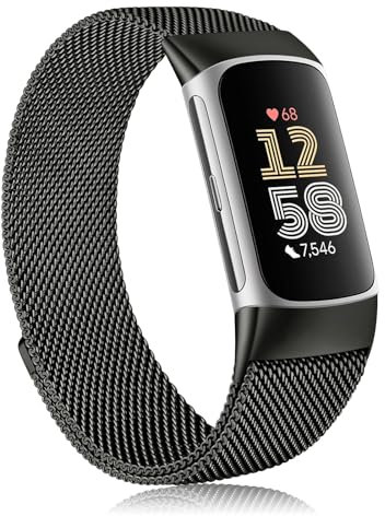 Mugust Armband für Fitbit Charge 6 für Damen Herren, Edelstahl Mesh Metall Ersatzarmband für Fitbit Charge 6 Armband (Schwarz)