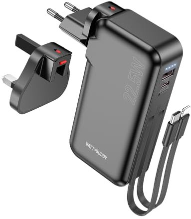 Watt Buddy 10000mAh 22.5W Power Bank with Built-In USB-C & USB-A Cables, Fast Charging Portable Charger for iPhone, Android Devices, Travel Power Bank, Holiday Essentials, Fast Charging
