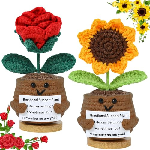 Xzyden 2 Stück Häkelblumen, Gehäkelte Blumen, Sonnenblumen und Rose Häkelblumen, mit Positiver Energiekarte, Emotional Support Plant, Sonnenblumen Geschenk, Mutmacher Geschenk, Aufmunterung Geschenke