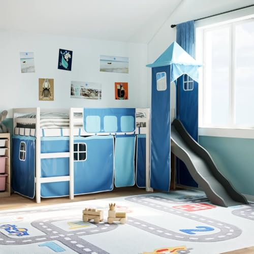 AJJHUUKI Betten & Zubehör-Betten & Bettrahmen - Kinder Hochbett mit Turm Blau 90x200 cm Massivholz Kiefer