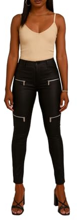 Crazy Lover Womens Leather Look Trousers Faux Mid Waist Skinny Fit with Zip Pockets, Ladies UK (M, Black 2)