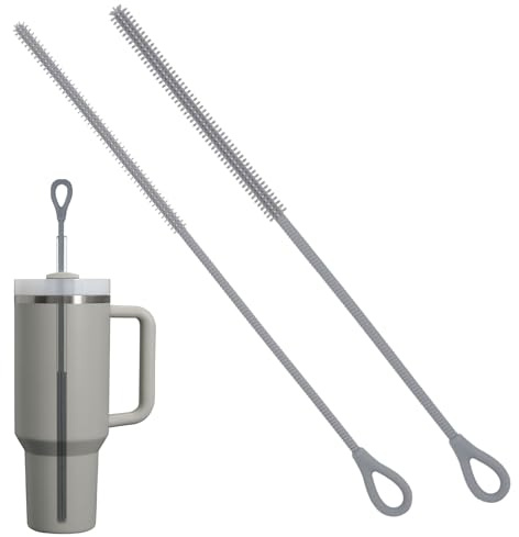 2 Stück Silikon Strohhalm Bürste, Weiche Strohhalm Bürste Wiederverwendbare mit Biegbarem Stahlkern für Glass Straw, Metal Straw und Trinkbecher, Rutschfester Griff 9mm&6mm (Grau)