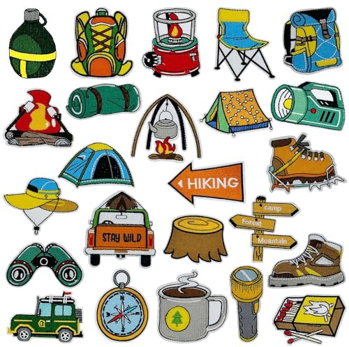Allazone Flicken zum Aufbügeln, Patches Sticker, Patches zum Aufbügeln für Hut, Jeans, Jacken Rucksäcke, DIY Zubehör, 24 Stück Camping Motiven