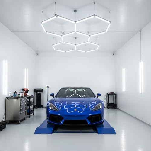 LUXULA Hexagon LED Wabenleuchte 5-fach 192W 6500K Kaltweiß mit Drahtseil | LED Garagenlampe, Werkstattlampe für Showroom, Barber, Friseur und Salon, inkl. Drahtseil-Aufhängung, 240x166x3,5cm