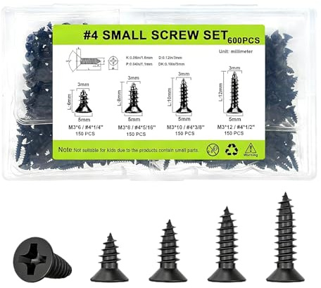600 PCS Black Screws M3 Carbon Steel Self Tapping Wood Screws,6/8/10/12mm | Rust Prevention,Comes with a Storage Box,Cross-Slot Design,Self Tapping Screws Ideal for Woodworking and DIY Projects