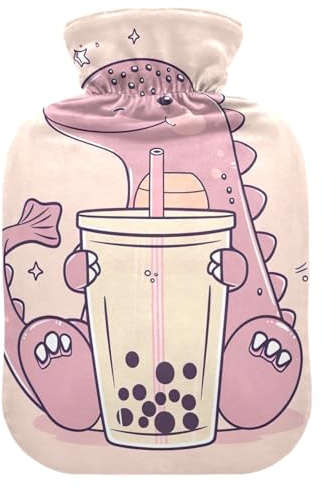 Dinosaur Holding Bubble Tea Hot Water Bottles with Soft Velvet Cover Hot Water Bag for Pain Relief Medium