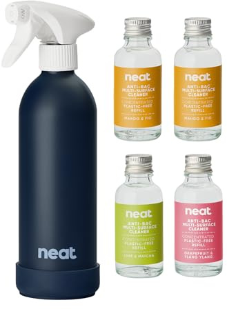 Neat Multi-Surface Antibacterial Cleaning Spray, 3 Scents – Natural Cleaning Solution for Home & Office, Pet Friendly, Plant Based, Reusable Midnight Blue Aluminium Bottle, 4x30ml Concentrate Bottles
