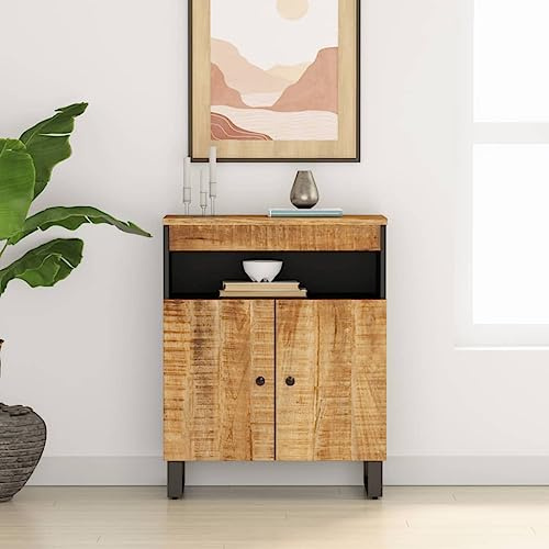 Foknhdi Sideboard 60x33x75 cm aus massivem Mangoholz mit Eisenbeinen, Zeitloses Design mit 2 Türen, Stauraum-Kommode für Wohnzimmer, Flur & Schlafzimmer