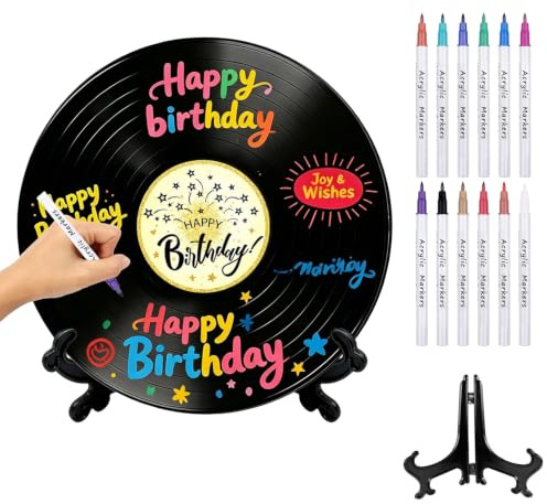 Nurila Gästebuch Vinyl Schallplatte, 12 Farben Stifte & Halterung | Geburtstags Gästebuch als Deko, Party Geschenk & Poster für Jungen Mädchen, Kreativ Geburtstagsdeko