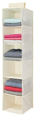 mDesign hängender Stoffschrank aus Kunstfaser – 6 Regalfächer – gestreifter Hängeschrank aus Stoff für das Schlafzimmer – perfekt auch als Hängeregal für Kleidung, Gürtel, Clutches – weiß und blau